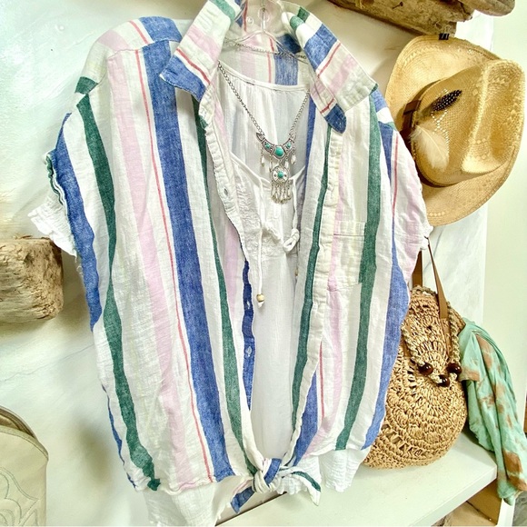 Comfy LINEN boho sleeveless blouse in trendy pastel stripes-cottage/resort vibe - Picture 3 of 13